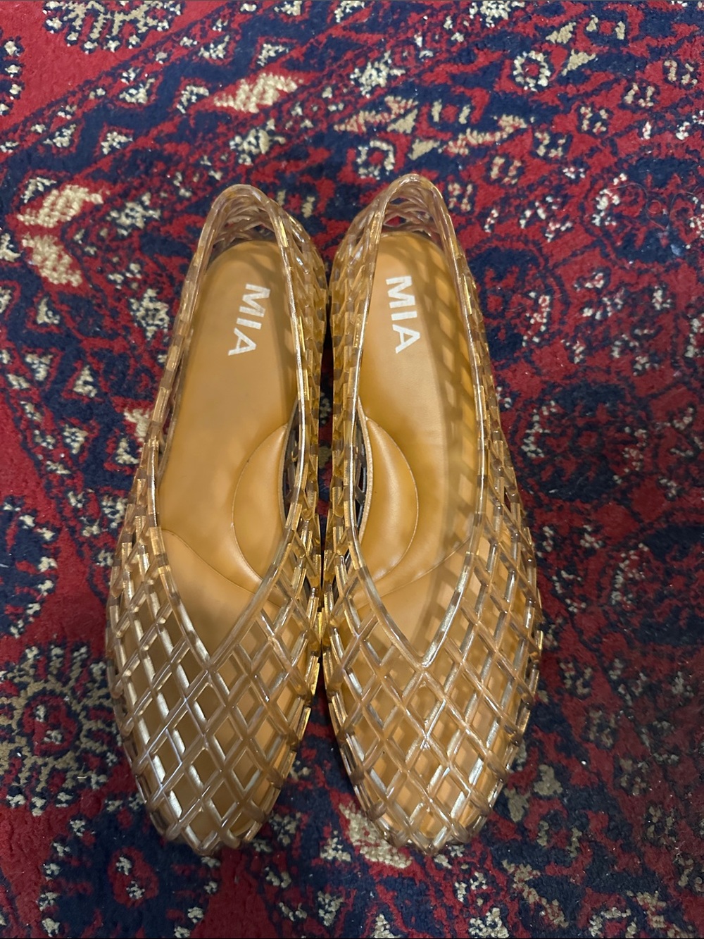 MIA Amber Lattice Jelly Flats — Translucent Tan Slip-Ons